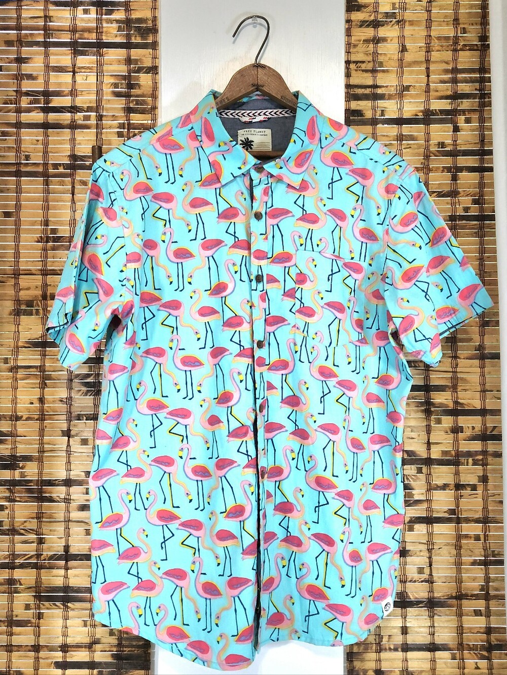 Free Planet Men's XL Flamingo Short Sleeve Button Down Shirt Blue
